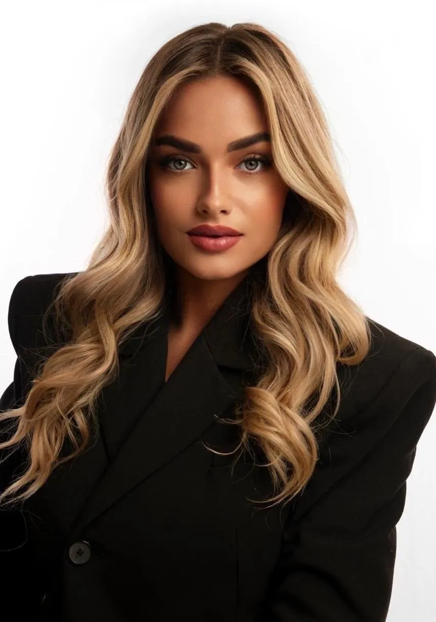 Woman with long blonde waves in a black blazer against a white backdrop