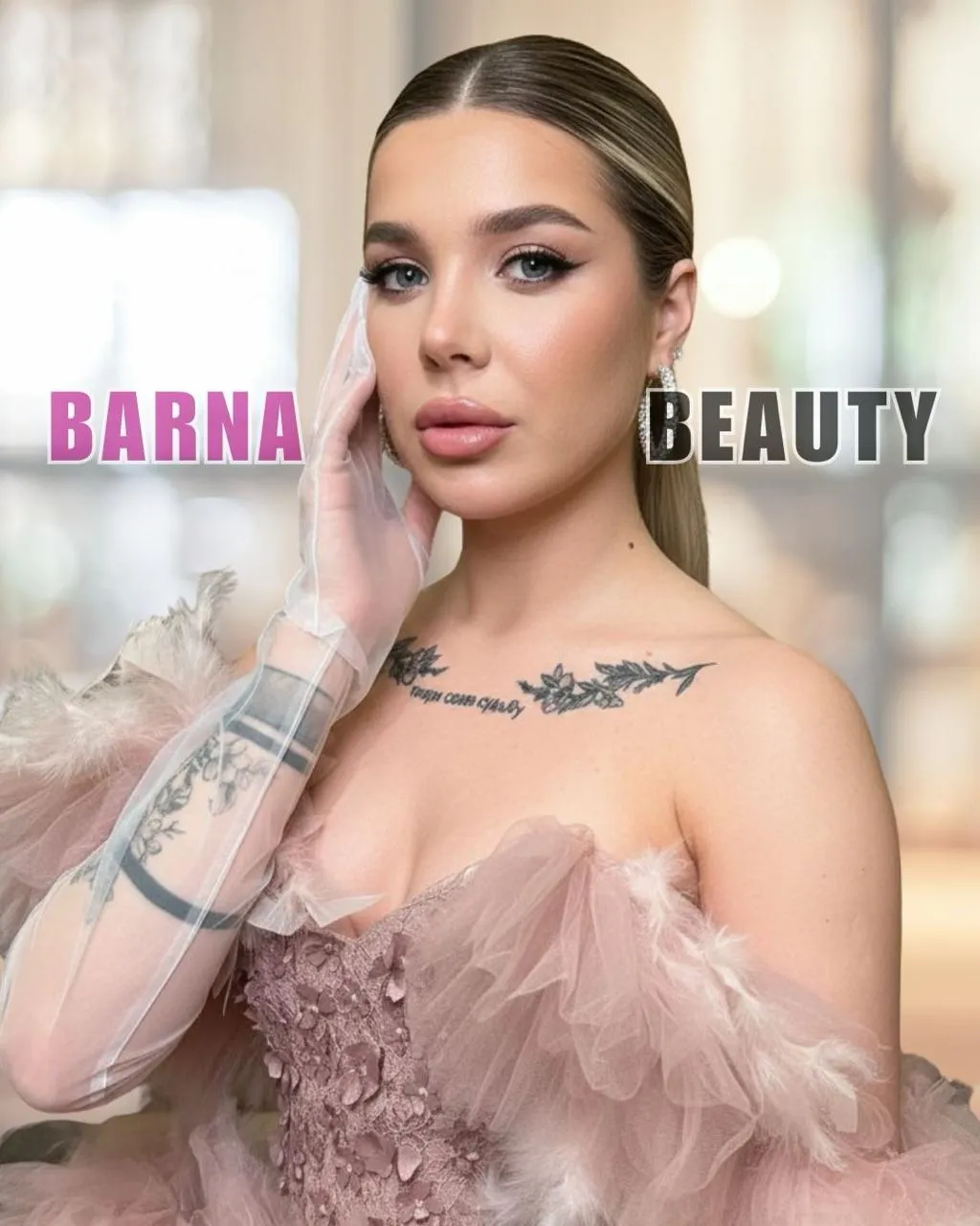 Woman with sleek hair in a pink feathered off-shoulder gown and sheer gloves, Barna Beauty lettering behind her