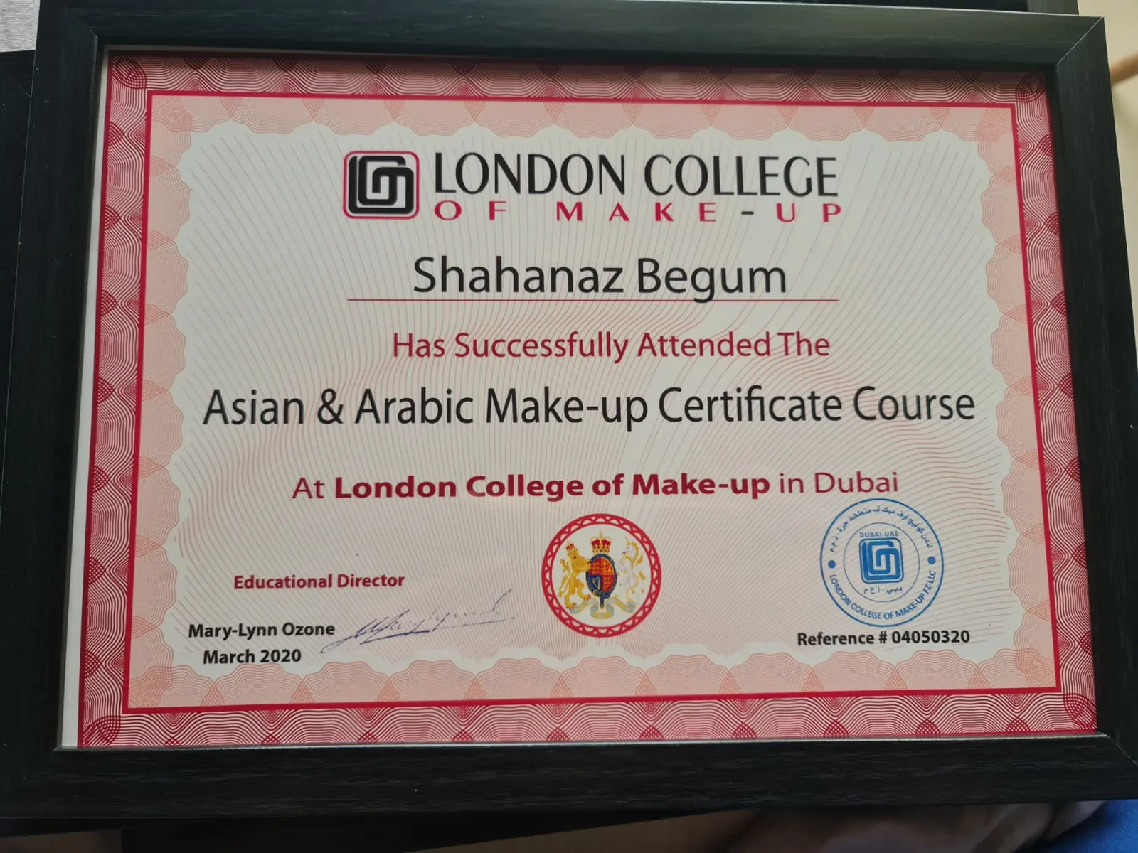 Certificate from London College of Make-up, Dubai, for the Asian and Arabic Make-up Certificate Course, March 2020