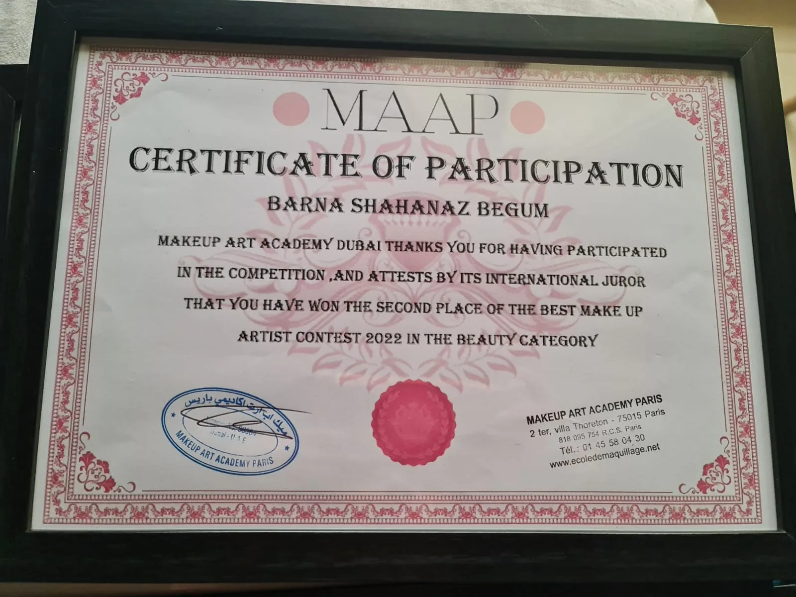 Makeup Art Academy certificate stating second place in the Best Make Up Artist Contest 2022, beauty category