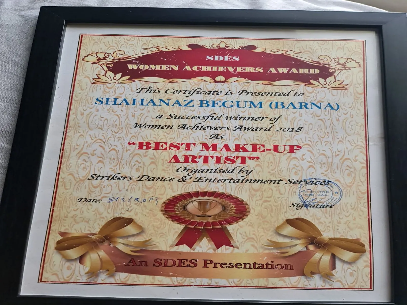 Women Achievers Award 2018 certificate naming Shahanaz Begum (Barna) as Best Make-up Artist