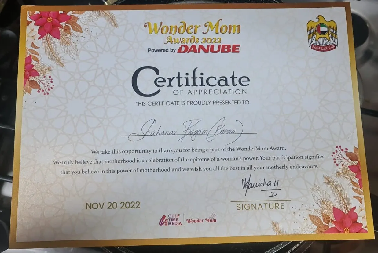 Wonder Mom Awards 2022 certificate of appreciation, dated 20 November 2022
